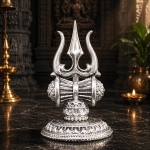 Silver Trishul Damru Statue, Lord Shiva Trident Idol, Mahadev Symbol, Hindu Temple Decor