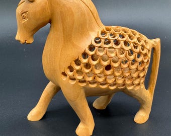 Hand Carved Wooden Horse Figurine with Baby, Jali Carving Sculpture
