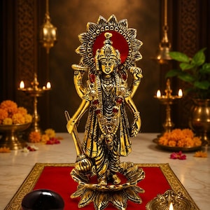 Könnte beinhalten: Eine goldfarbene Metallstatue einer vierarmigen Gottheit, die auf einer Lotusbasis steht. Die Figur trägt eine verzierte Krone und Schmuck und hält eine Keule in einer Hand. Hinter der Figur befindet sich ein kreisförmiger Heiligenschein.