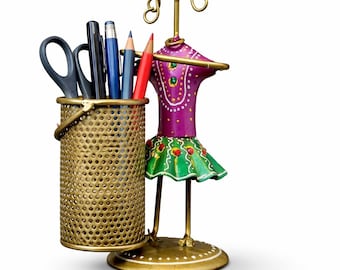 Handmade Metal Lady Pen Holder, Indian Art Desk Organizer, Hand-Painted Figurine Stand