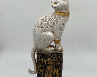 Elegant White Cat Statue, Gold Accent Kitty Figurine, Luxury Home Decor Showpiece