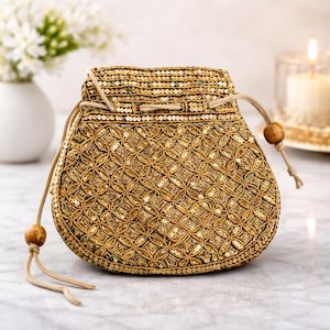 Gold Embroidered Potli Bag, Indian Bridal Clutch Purse, Wedding Party Handbag