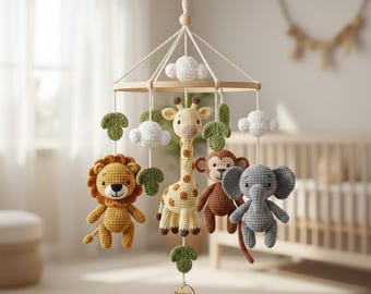 Crochet Savanna Animals Baby Mobile Pattern – Lion, Giraffe, Elephant, Monkey (PDF Pattern