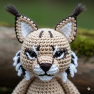 Puede incluir: Muñeca lince de ganchillo con cuerpo beige, detalles marrones y blancos y ojos oscuros. El peluche hecho a mano presenta orejas puntiagudas con mechones y una cara detallada, mostrando un diseño artesanal caprichoso.
