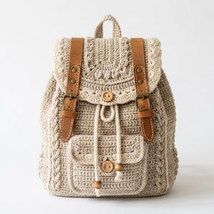 May include: A beige crochet backpack with brown leather straps and wooden button closures. The bag features two front pockets and a drawstring closure. The design includes intricate crochet patterns and a top handle.