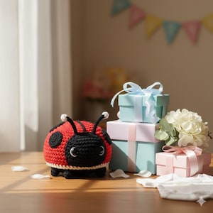 Pode incluir: Uma joaninha de crochê vermelha e preta feita à mão com detalhes brancos. A joaninha tem olhos e antenas pretas. Ao lado, caixas de presente em tons pastel com fitas e um buquê de flores brancas.