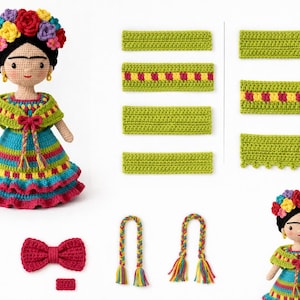May include: A crochet doll with black hair, a floral crown, and a colorful striped dress, accompanied by various crochet accessories including rectangular strips, a bow, braided tassels, and a second smaller doll figure on a white background.