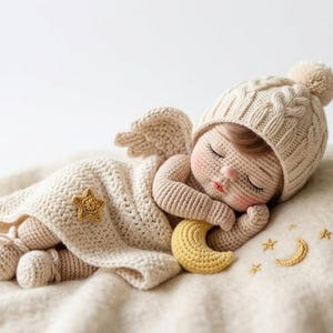 May include: A crocheted baby doll, angelically posed, lies on a soft, cream-colored blanket. The doll wears a knitted hat and a blanket with a star applique. A yellow crescent moon and stars are embroidered nearby, creating a serene, dreamy scene.