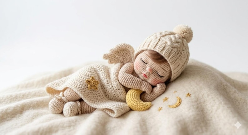 May include: A crocheted baby doll, angelically posed, lies on a soft, cream-colored blanket. The doll wears a knitted hat and a blanket with a star applique. A yellow crescent moon and stars are embroidered nearby, creating a serene, dreamy scene.
