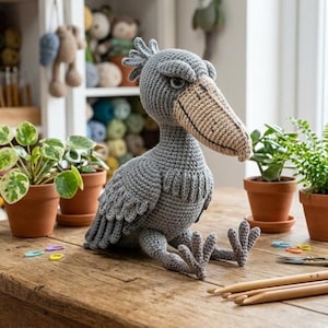 Realistyczny wzór szydełkowy na bociana trzewikodzioba – samouczek wykonania dużej pluszowej zabawki (PDF)