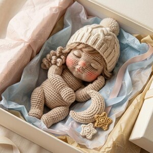 May include: A crocheted baby doll with a cream-colored hat and a crescent moon and star. The doll is nestled in a gift box with tissue paper and a tag that reads "Sweet Dreams / Artisan Crochet."