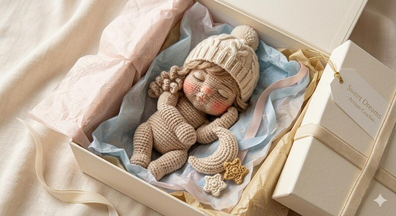 May include: A crocheted baby doll with a cream-colored hat and a crescent moon and star. The doll is nestled in a gift box with tissue paper and a tag that reads "Sweet Dreams / Artisan Crochet."