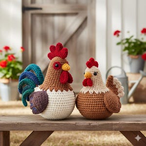 Può includere: Due figurine di gallo all'uncinetto fatte a mano. Uno ha il corpo marrone, cresta e bargigli rossi e coda blu, verde e viola. L'altro ha il corpo beige e cresta e bargigli rossi. Su una panca di legno.