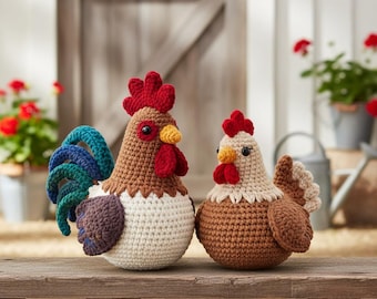 Rooster and Hen Amigurumi Crochet Pattern, Farm Animal Toy (PDF Pattern)
