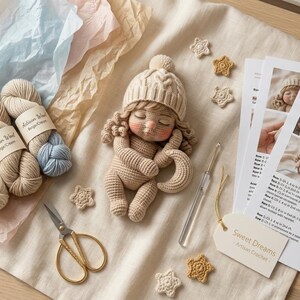 May include: A crocheted baby doll with a matching hat and a crescent moon, surrounded by yarn, crochet hooks, scissors, and a pattern guide. The doll is beige, and the yarn is in neutral tones.
