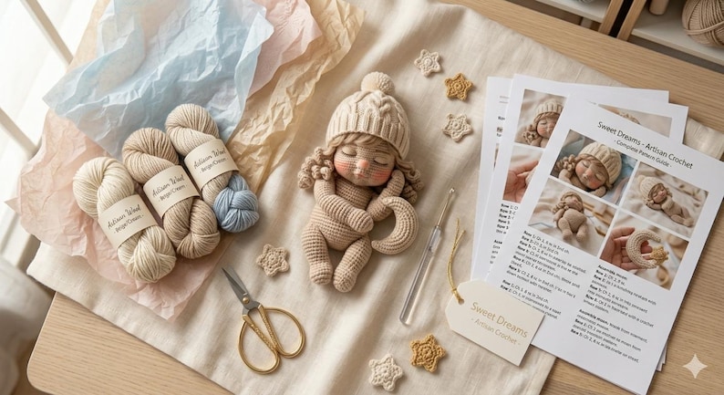 May include: A crocheted baby doll with a matching hat and a crescent moon, surrounded by yarn, crochet hooks, scissors, and a pattern guide. The doll is beige, and the yarn is in neutral tones.