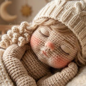 May include: A handmade crochet doll with closed eyes, wearing a cream-colored knitted hat and wrapped in a matching blanket. The doll has rosy cheeks and a small pink nose. Gold star accents are embroidered on the blanket.