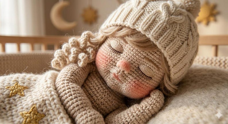 May include: A handmade crochet doll with closed eyes, wearing a cream-colored knitted hat and wrapped in a matching blanket. The doll has rosy cheeks and a small pink nose. Gold star accents are embroidered on the blanket.
