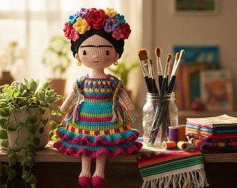 Frida Inspired Crochet Doll Pattern PDF – Mexican Artist Amigurumi Plush Tutorial with Flower Crown