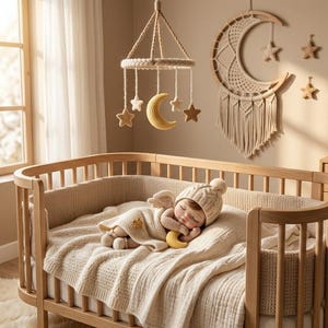 May include: A nursery scene with a wooden crib, a baby doll, and a mobile with moon and star shapes. The room has a neutral color palette with a window and curtains. A decorative moon and stars hang on the wall.