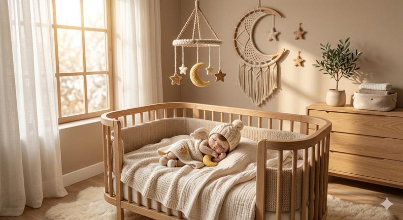 May include: A nursery scene with a wooden crib, a baby doll, and a mobile with moon and star shapes. The room has a neutral color palette with a window and curtains. A decorative moon and stars hang on the wall.