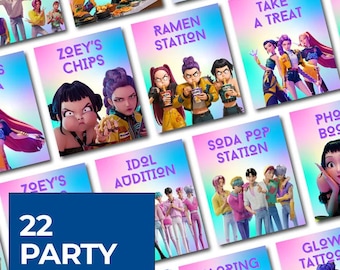 TEXTO EDITABLE Letreros de comida de K-Pop Demon Hunter, barra de ramen, refrescos / Recuerdos de fiesta de cumpleaños / Decoración de fiesta Kpop / Descarga instantánea