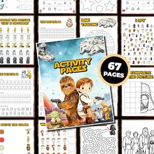 May include: A collection of 67 activity pages featuring Star Wars characters. The pages include tracing, matching, and alphabet exercises. The cover shows Chewbacca, Han Solo, Yoda, R2-D2, and C-3PO.