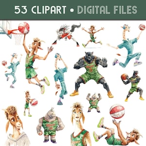 May include: Watercolor digital clipart featuring various animal characters playing basketball. The animals are depicted in basketball uniforms, with basketballs and hoops. The text "53 CLPART • DIGITAL FILES" is at the top.