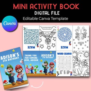 May include: A digital mini activity book with a blue cover featuring Mario and Luigi. The book includes mazes, coloring pages, and a word search. Text on the cover reads "ADISON'S 5TH BIRTHDAY".