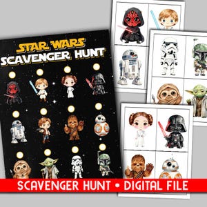 May include: A Star Wars-themed scavenger hunt game with character illustrations. The game features characters like Darth Vader, Yoda, and R2-D2. The words "STAR WARS SCAVENGER HUNT" are at the top. The text "DIGITAL FILE" is at the bottom.