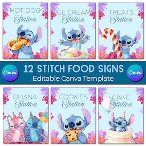 Puede incluir: Un conjunto de 12 letreros de comida con tem&aacute;tica de Stitch sobre un fondo azul claro. Cada letrero presenta una ilustraci&oacute;n de acuarela de Stitch con varios alimentos como perritos calientes, helados y galletas. Se muestra el texto "12 STITCH FOOD SIGNS".