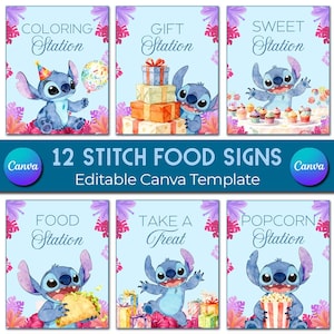 Puede incluir: Un conjunto de 12 letreros de comida con tem&aacute;tica de Stitch con un fondo azul claro. Cada letrero presenta una ilustraci&oacute;n de acuarela de Stitch y texto como "Coloring Station" y "Gift Station". Los letreros est&aacute;n rodeados de detalles florales.