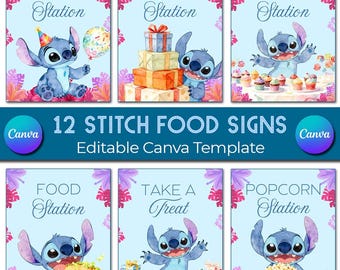 Letreros de comida para fiesta de TEXTO EDITABLE STITCH / Lilo y Stitch Regalos de cumpleaños imprimibles Póster de comida para la mesa de refrigerios / Descarga instantánea