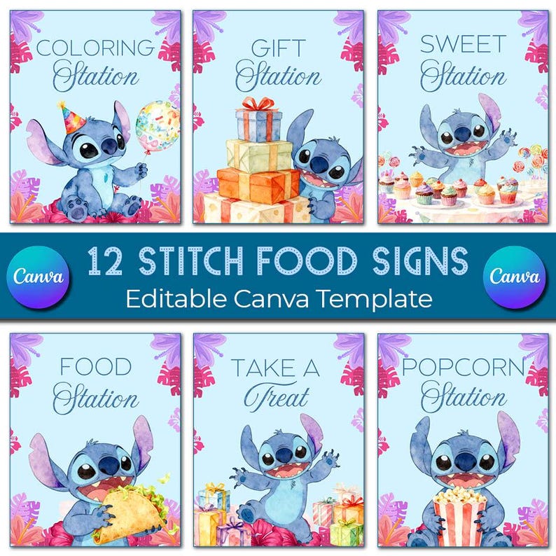 Puede incluir: Un conjunto de 12 letreros de comida con tem&aacute;tica de Stitch con un fondo azul claro. Cada letrero presenta una ilustraci&oacute;n de acuarela de Stitch y texto como "Coloring Station" y "Gift Station". Los letreros est&aacute;n rodeados de detalles florales.