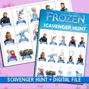 Op de afbeelding: Twee afdrukbare Frozen-thema speurtochten. Het hoofdvel is blauw met de titel "FROZEN SCAVENGER HUNT" en bevat personages als Elsa, Olaf en Kristoff. Het tweede vel heeft karakterafbeeldingen met namen.
