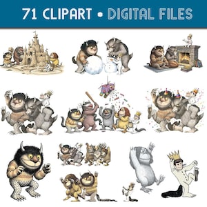 Può includere: Set di clipart digitali con illustrazioni di mostri stravaganti in varie scene. Le immagini includono mostri che costruiscono un castello di sabbia, fanno un pupazzo di neve e festeggiano con una torta. Il testo in alto recita "71 CLPART • DIGITAL FILES."