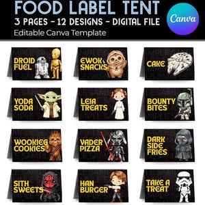 Könnte beinhalten: Eine digitale Datei für Essensetiketten mit 12 Designs auf 3 Seiten. Die Etiketten zeigen Star Wars-Charaktere und Essensnamen wie "Droid Fuel" und "Yoda Soda". Die Vorlage ist in Canva editierbar.