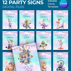May include: A set of 12 party signs with a watercolor design. Each sign features a different station, such as "Coloring Station" and "Ice Cream Station," with cartoon animal characters. The signs are digital files and editable in Canva.