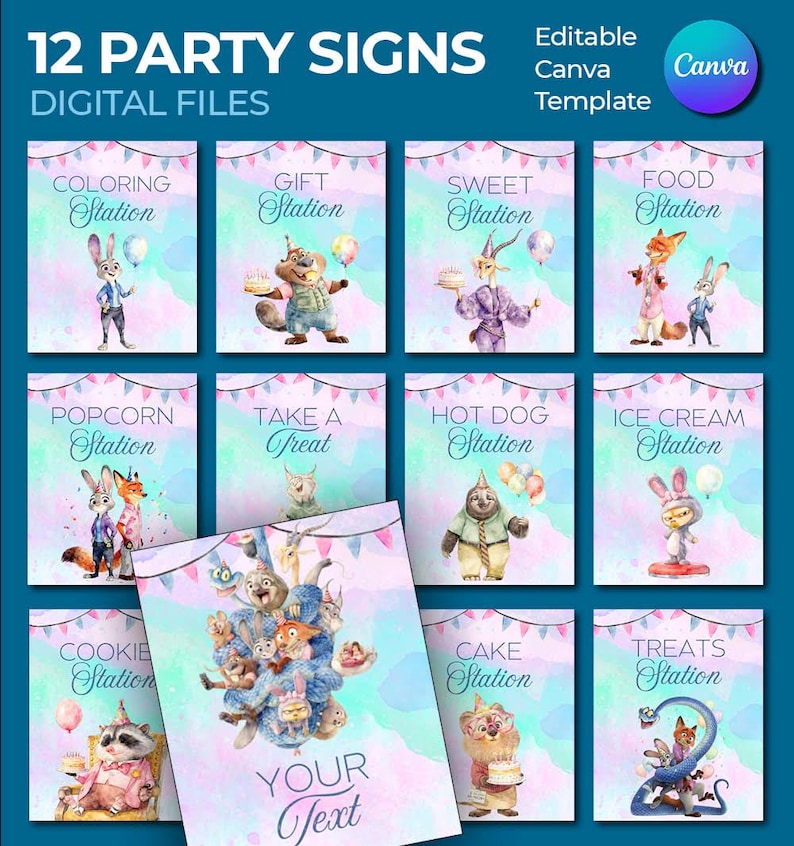 May include: A set of 12 party signs with a watercolor design. Each sign features a different station, such as "Coloring Station" and "Ice Cream Station," with cartoon animal characters. The signs are digital files and editable in Canva.