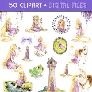 May include: A set of 50 digital clipart images showcasing a princess with long blonde hair in different poses. The illustrations include a tower, a chameleon, and a horse, all rendered in a watercolour style with purple and green hues.