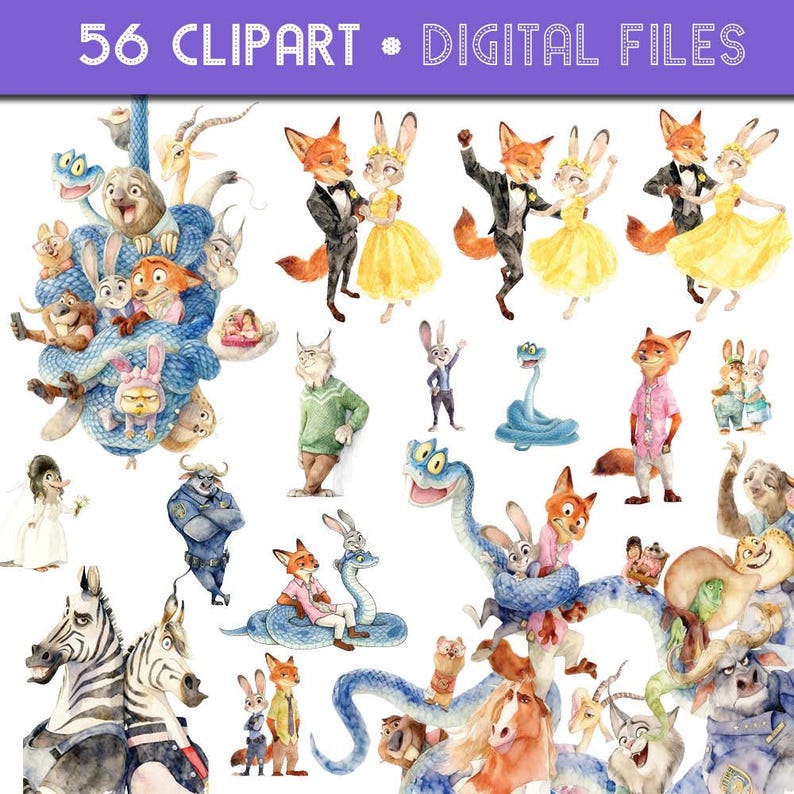 56 Zootopia 2 Clipart PNG Watercolor Characters | Judy Hopps, Nick ...