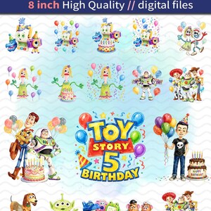 May include: A collection of 52 digital birthday clipart files featuring Toy Story characters, birthday cakes, and balloons. The central graphic displays the text Toy Story 5 Birthday with colorful balloons and confetti on a light blue background.