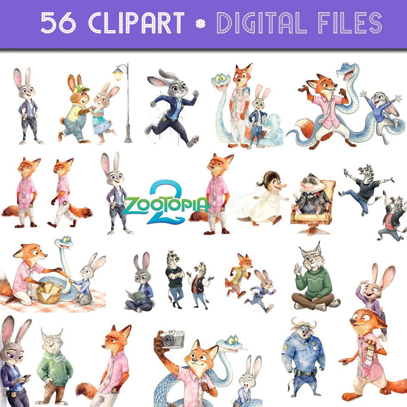 56 Zootopia 2 Clipart PNG Watercolor Characters | Judy Hopps, Nick ...