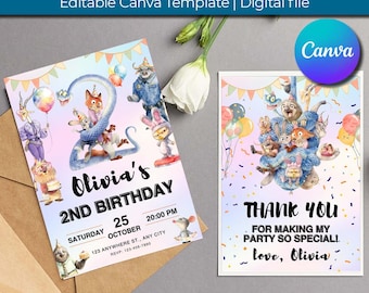 Zootopia 2 invitation | Birthday invite and thank you card | Movie-Inspired Watercolor | EDITABLE on Canva