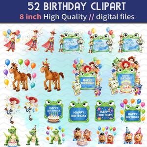 May include: A digital collection of 52 birthday clipart images featuring watercolor-style illustrations of characters, balloons, and signs with the text Happy Birthday. The set includes 8 inch high quality digital files for birthday themes.