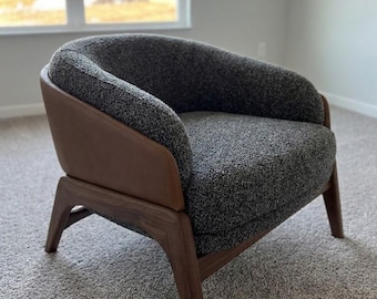 Modern Teak Armchair with Bouclé & Leather Accents