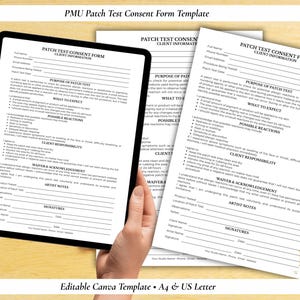 May include: A digital tablet and two printed forms labeled "Patch Test Consent Form" are displayed. The forms include sections for client information, purpose of the test, and expected reactions. A black pen rests on one of the forms. The text "Editable Canva Template - A4 & US Letter" is at the bottom.