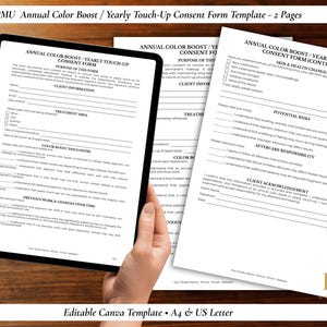 May include: A digital template for PMU Annual Color Boost and Yearly Touch-Up Consent Forms. The template includes two pages with sections for client information, treatment details, and consent. The forms are on a wooden surface.