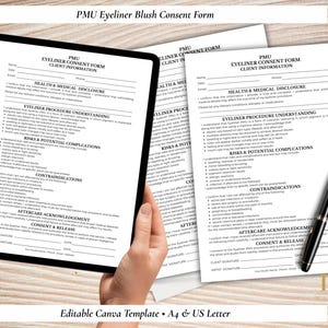 PMU Eyeliner Consent Form Template - Editable in Canva,  Lash Line Enhancement Consent,  A4 & US Letter,  Permanent Makeup Paperwork