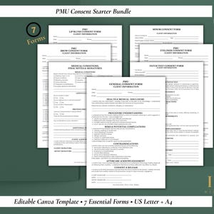 May include: A bundle of seven PMU consent forms, including brow, lip blush, and eyeliner forms, displayed on a dark green background. The forms are white with black text and are labeled as an editable Canva template. The bundle is designed for a wellness studio.